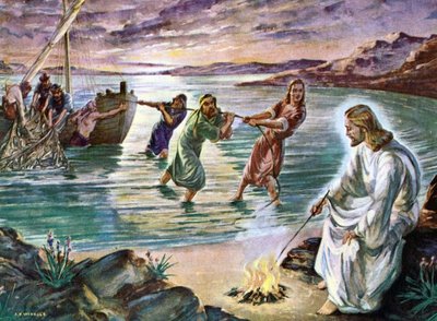 Jesus cooks fish on the beach